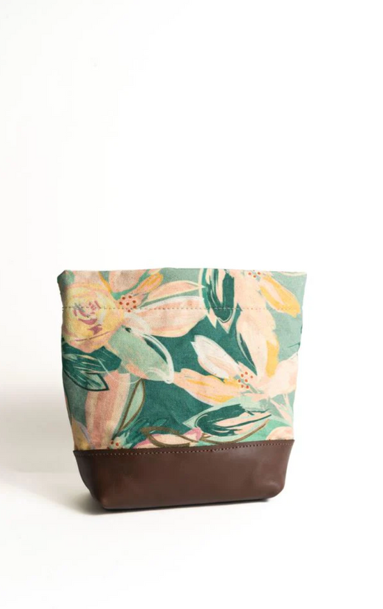 R. RIVETER Taffy Printed Canvas Bucket Bag + Beige Webbed Guitar Strap - floral
