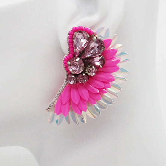 FABULOUS MJ Colorful Beaded Feather Statement Post Earrings - PINK