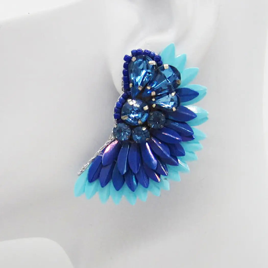 FABULOUS MJ Colorful Beaded Feather Statement Post Earrings - BLUE