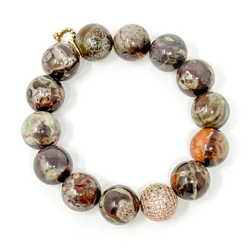 Load image into Gallery viewer, POWERBEADS BY JEN Rainforest Agate with Rose Gold Micropave
