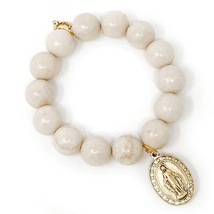 POWERBEADS BY JEN Cream Coral with Classic Gold Blessed Mother