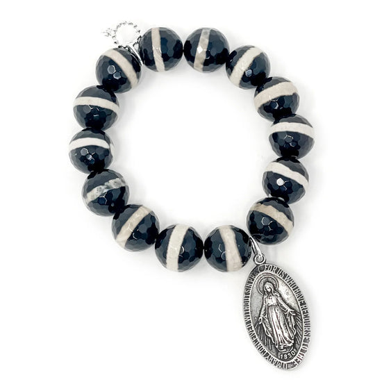 Load image into Gallery viewer, POWERBEADS BY JEN Faceted Safari Agate with Large Antique Silver Blessed Mother

