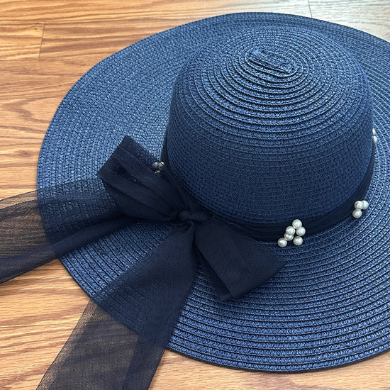 Load image into Gallery viewer, GLYNIS&amp;#39; CLOSET Pearl Embellished Ribbon Band Straw Sun Hat - blue
