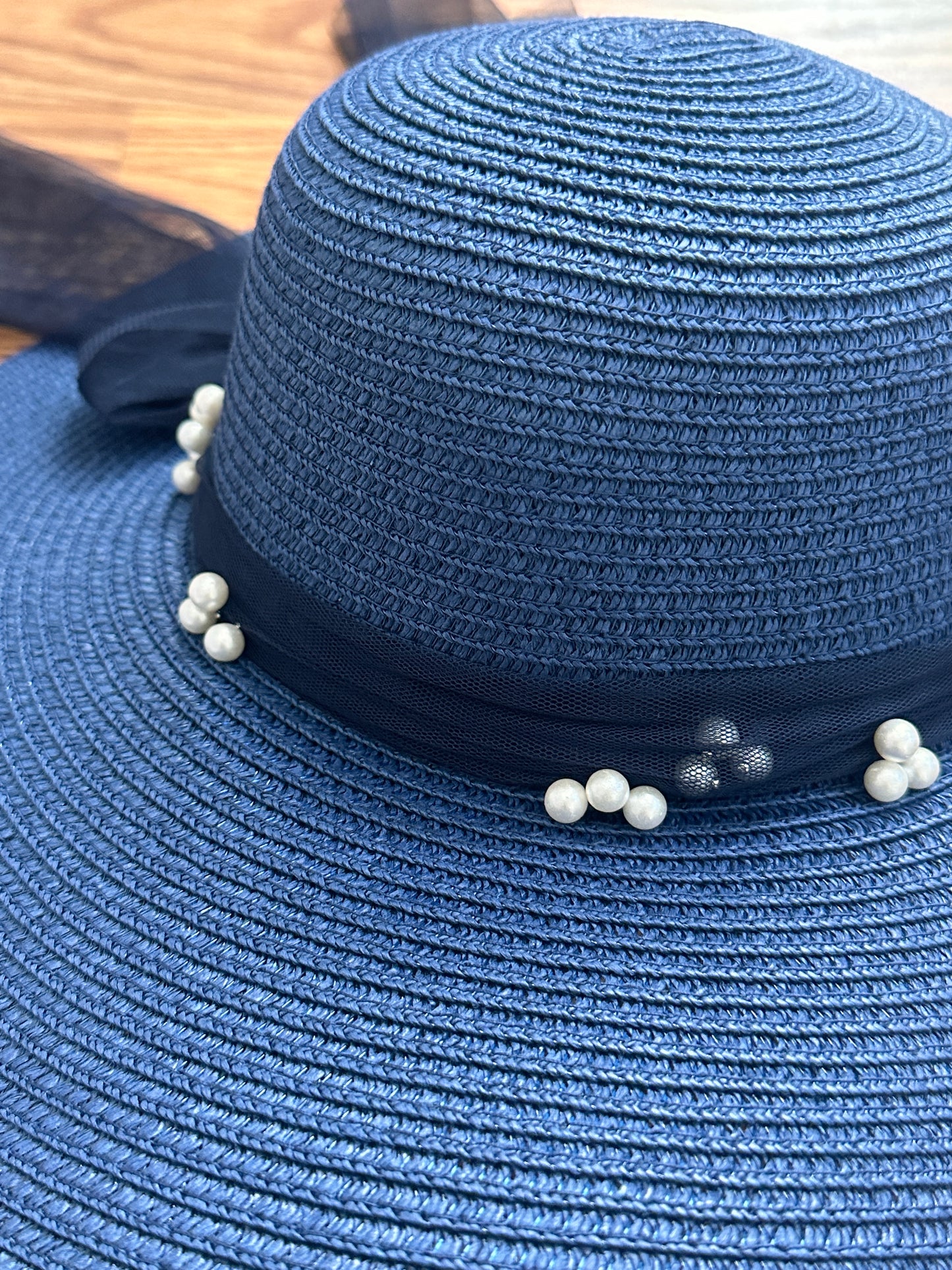 Load image into Gallery viewer, GLYNIS&amp;#39; CLOSET Pearl Embellished Ribbon Band Straw Sun Hat - blue
