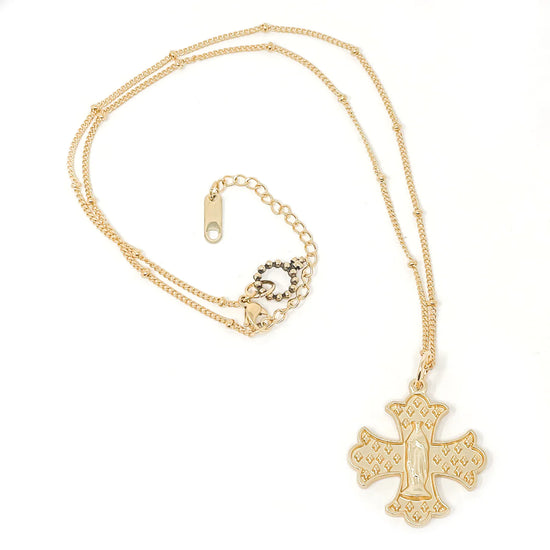 POWERBEADS BY JEN 18" Gold Filled Beaded Chain with Mary Fleur Cross Pendant