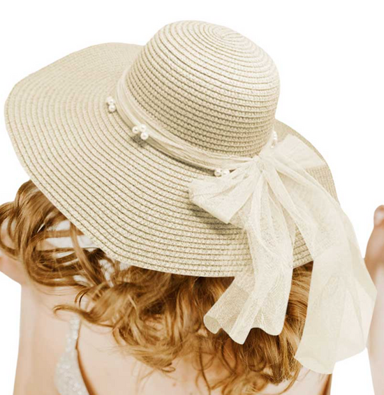 GLYNIS' CLOSET Pearl Embellished Ribbon Band Straw Sun Hat - beige