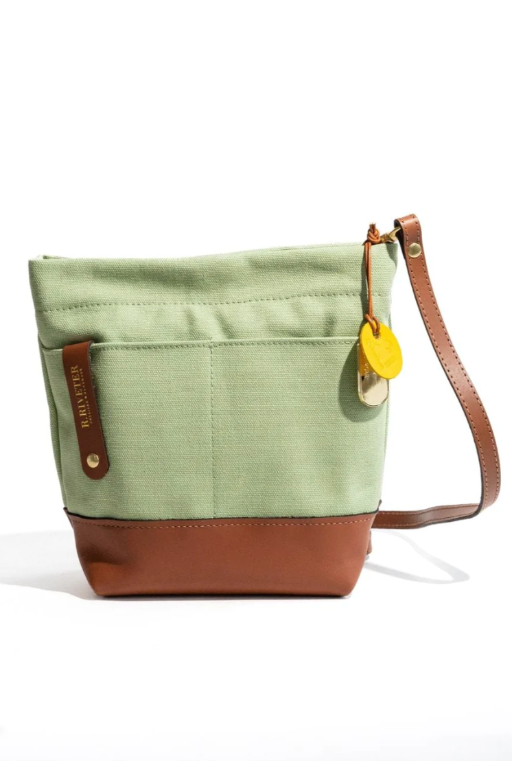 Load image into Gallery viewer, R. RIVETER Betsy Canvas Bucket Bag - liberty green + tan leather
