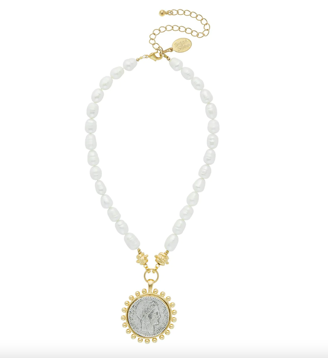 SUSAN SHAW Dotted Coin Pendant Necklace - pearl
